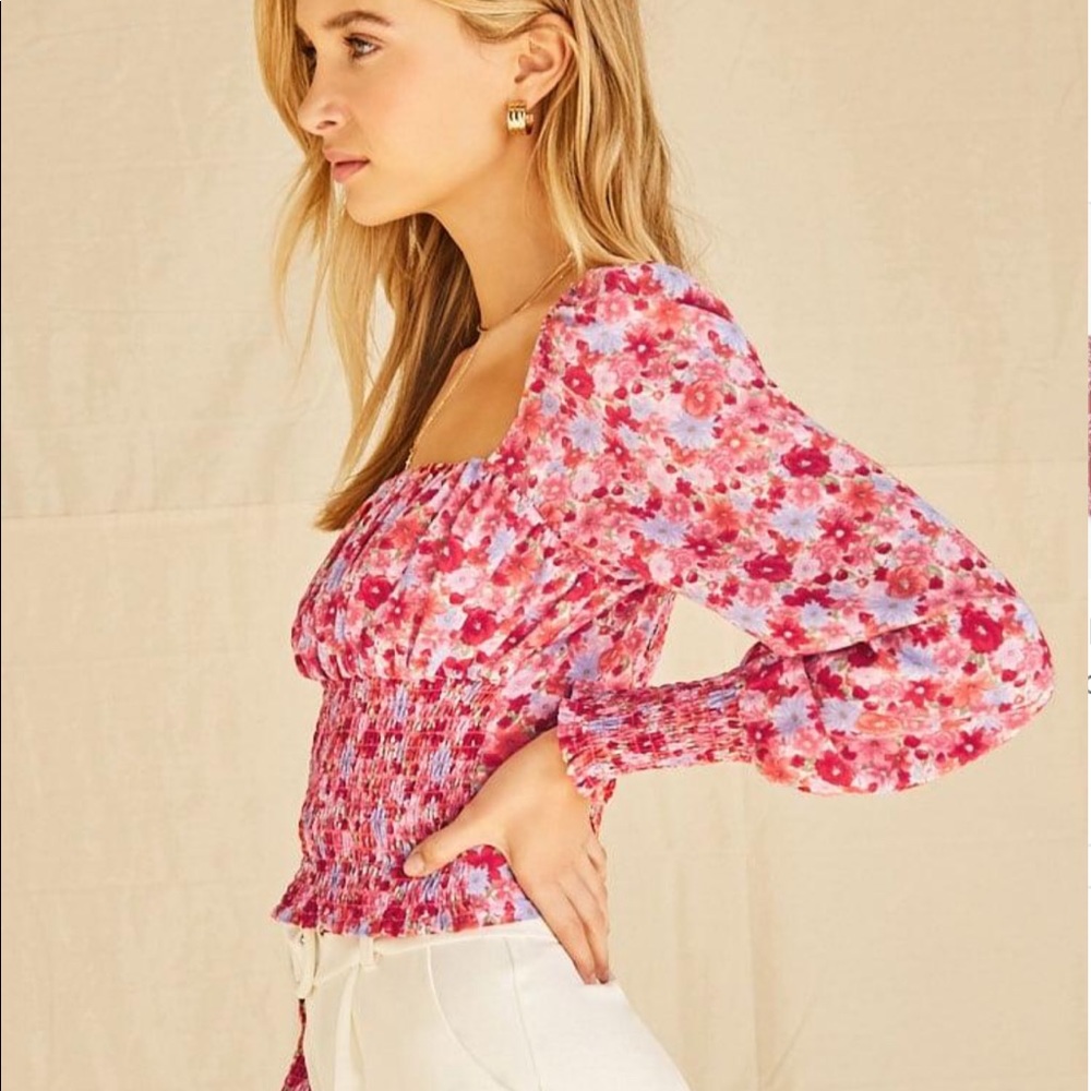 Smocked Long Sleeve Square Neckline Top